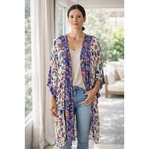 Democracy Floral Kimono Cardigan NWT Blue Cream S/M Boho Coastal